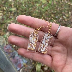 Clear white marble dangle resin earrings gold leaf